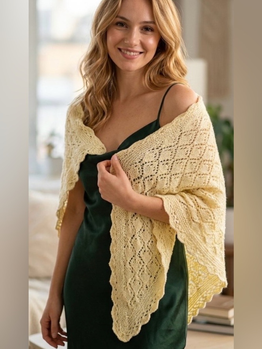 Hand-Knitted Pastel Yellow Cardigan Wrap - Large Vintage Shawl